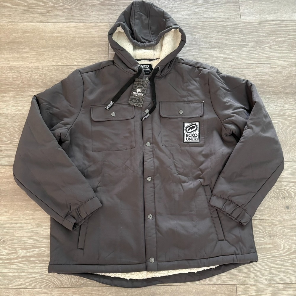 NWT Ecko Unlt. Mens Magnet Gray Hooded Sherpa Lined Jacket Size X-Large